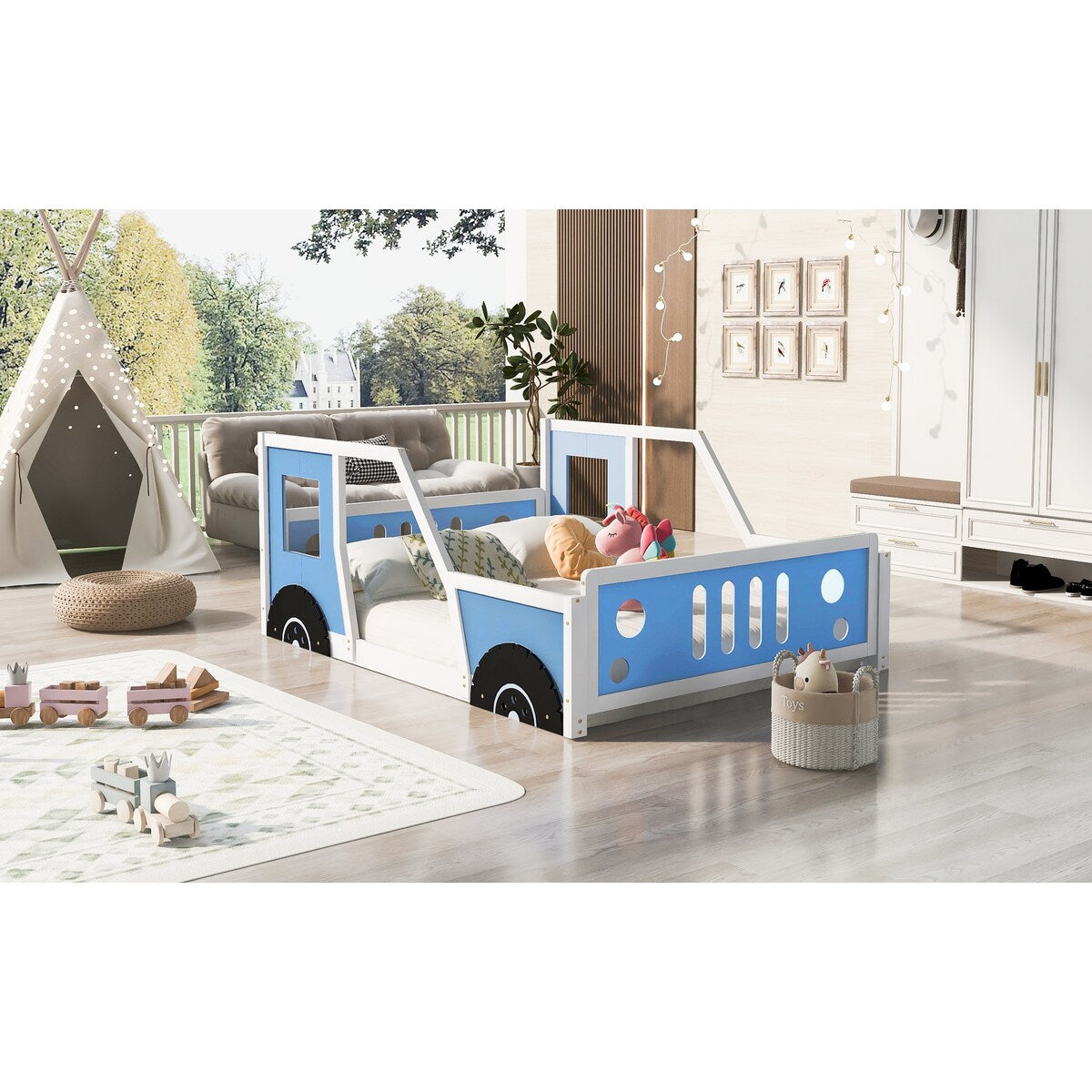 Blue Twin Size Pine Wood Car-Shaped Platform Bed with Doors, Windows, and Decorative Wheels