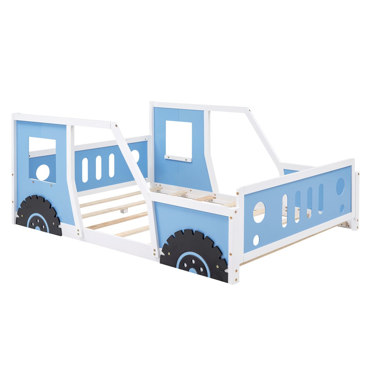 Blue Twin Size Pine Wood Car-Shaped Platform Bed with Doors, Windows, and Decorative Wheels