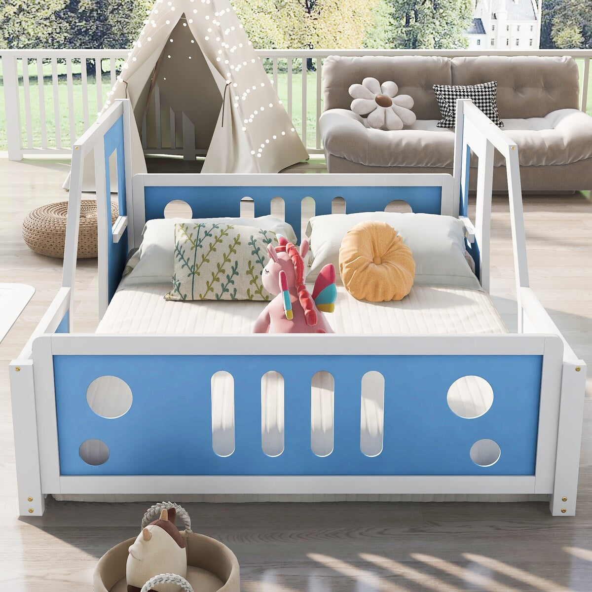 Blue Twin Size Pine Wood Car-Shaped Platform Bed with Doors, Windows, and Decorative Wheels