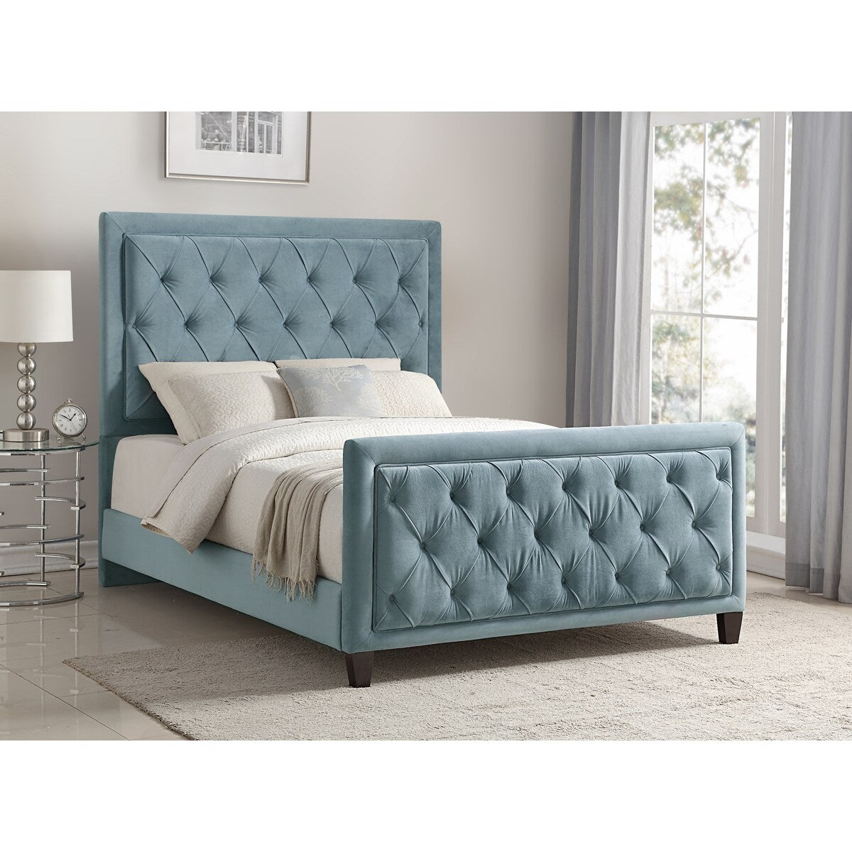Blue Upholstered Queen-size Bed with Button Tufting