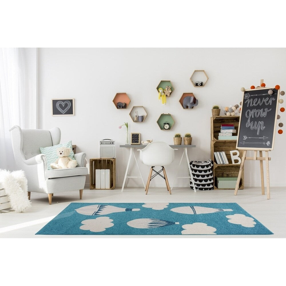 Blue White Soft Cute Area rug Carpet Mat with Baloons Clouds Cartoon For Kids Little Girl Boy Room Nursery 4x5 5x7 7x9 8x10