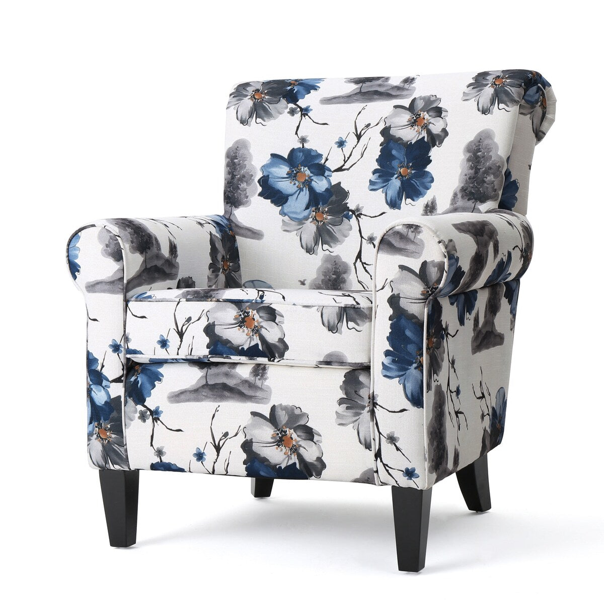 Blue & White Floral Print Fabric Club Chair Accent Chair