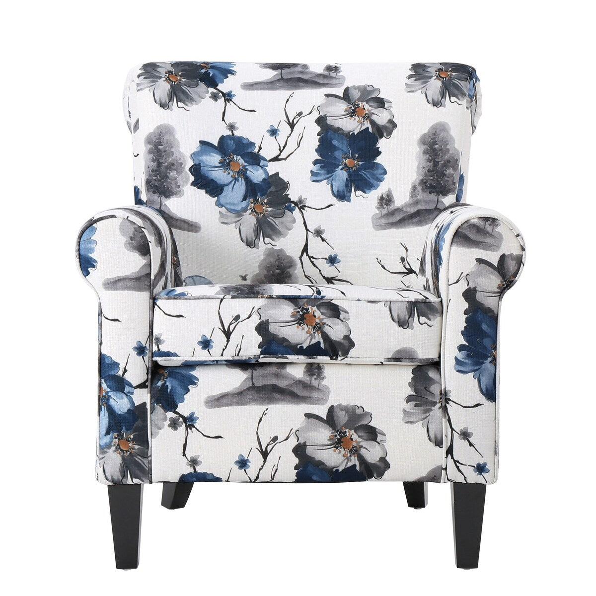 Blue & White Floral Print Fabric Club Chair Accent Chair