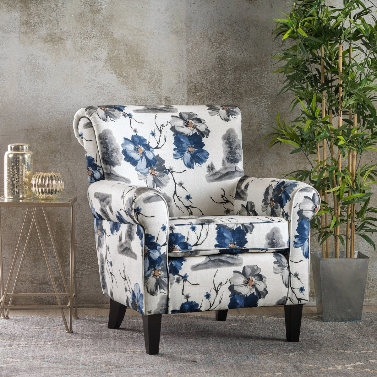 Blue & White Floral Print Fabric Club Chair Accent Chair
