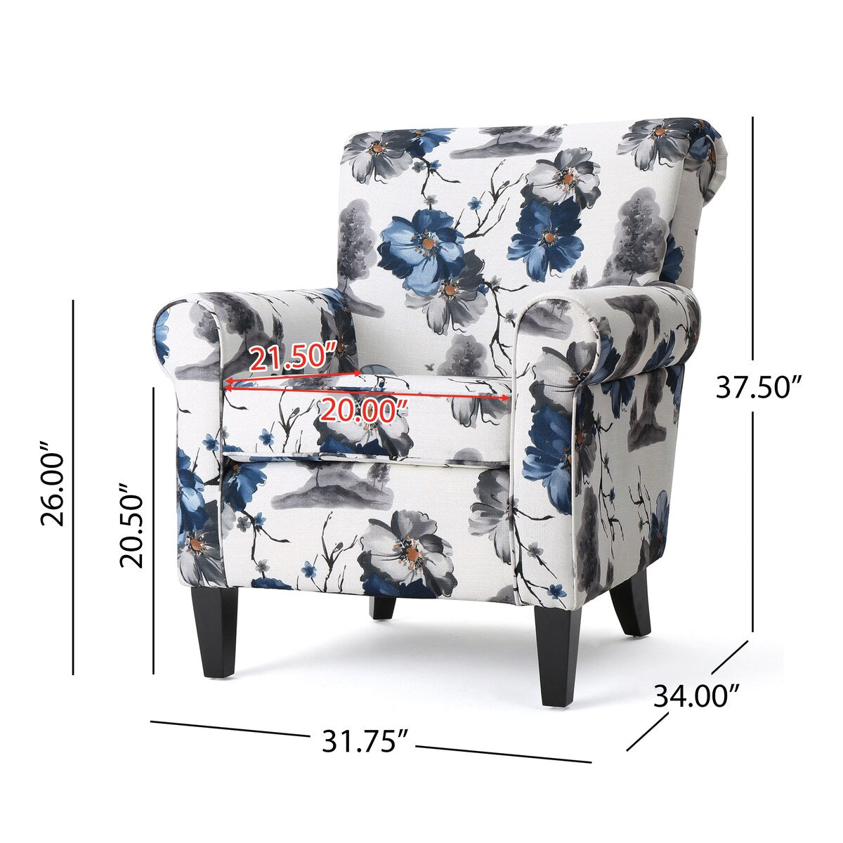 Blue & White Floral Print Fabric Club Chair Accent Chair