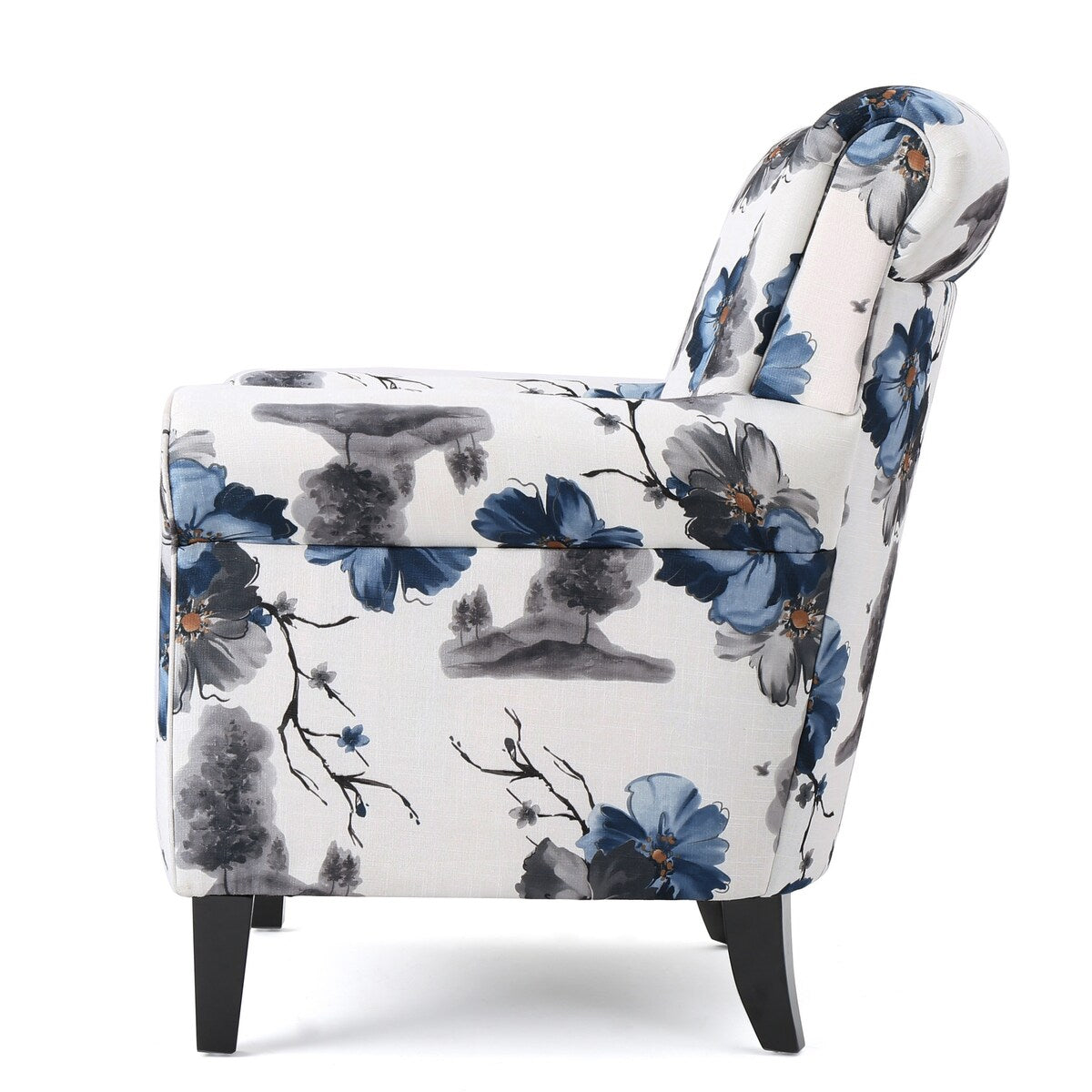 Blue & White Floral Print Fabric Club Chair Accent Chair