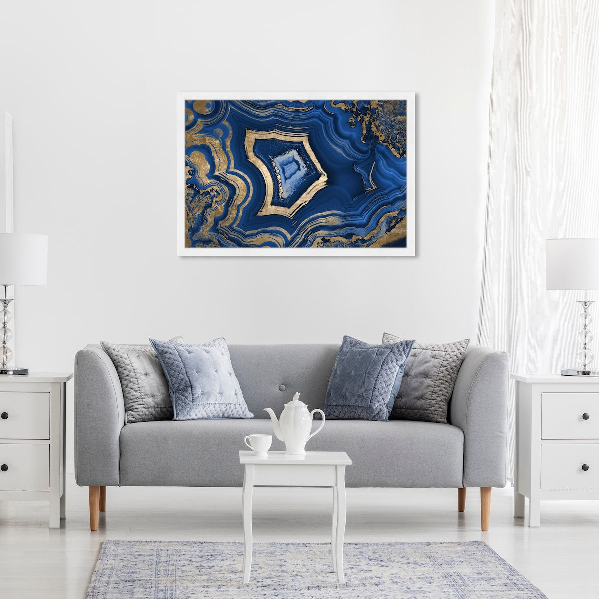 Blue and Gold Abstract Geode Glam Modern Framed Art Print for Entry Way