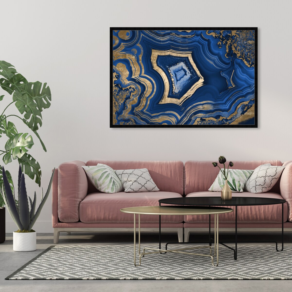 Blue and Gold Abstract Geode Glam Modern Framed Art Print for Entry Way