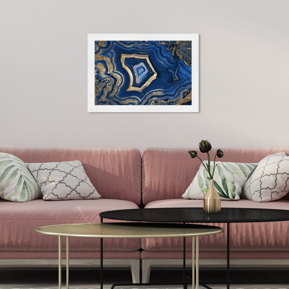 Blue and Gold Abstract Geode Glam Modern Framed Art Print for Entry Way
