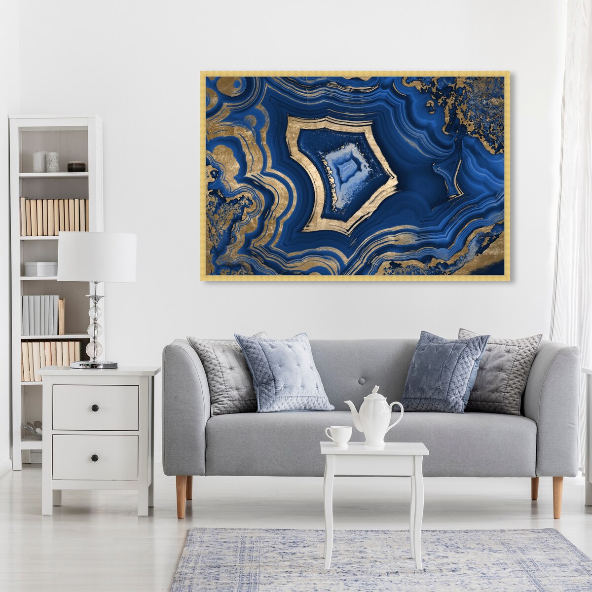 Blue and Gold Abstract Geode Glam Modern Framed Art Print for Entry Way
