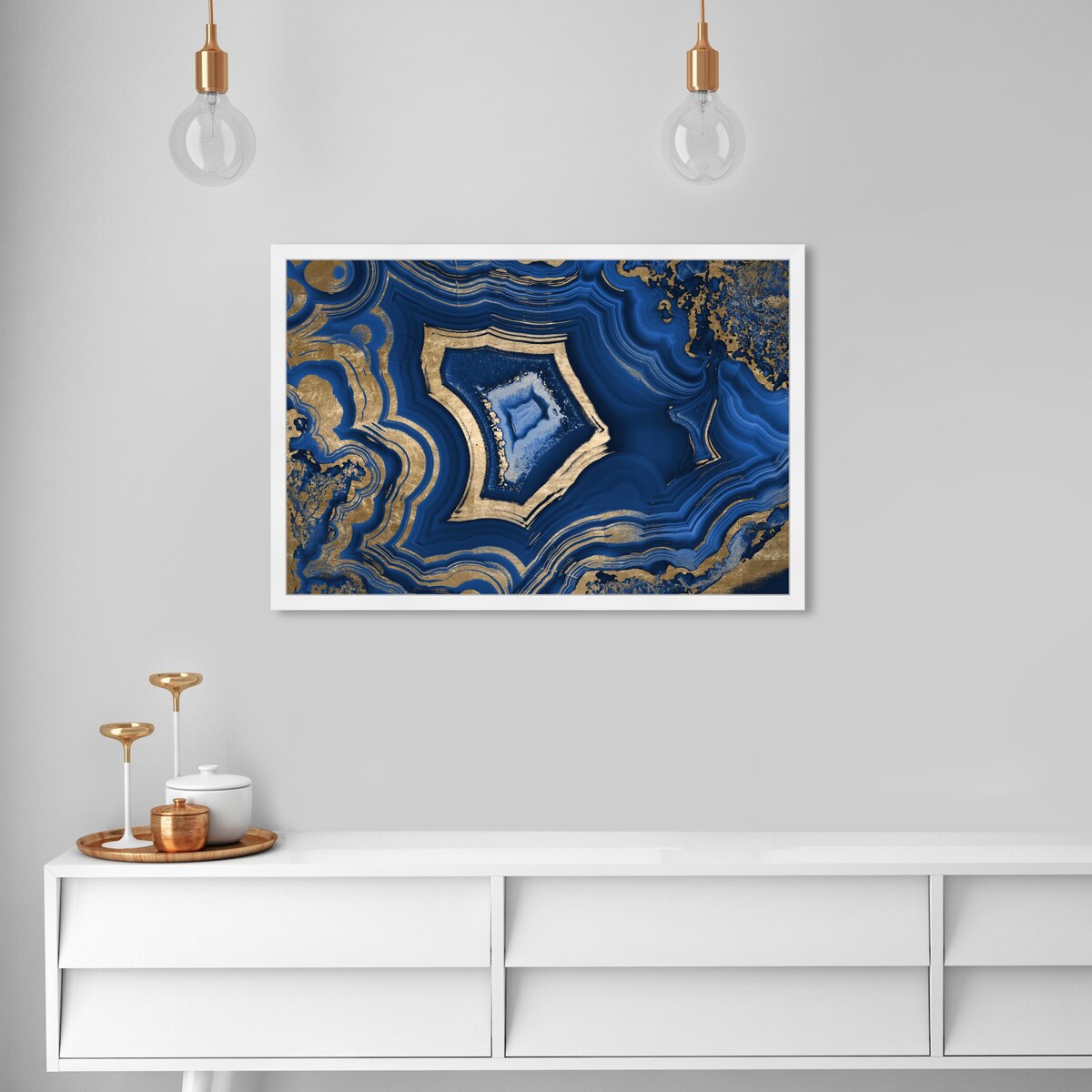 Blue and Gold Abstract Geode Glam Modern Framed Art Print for Entry Way