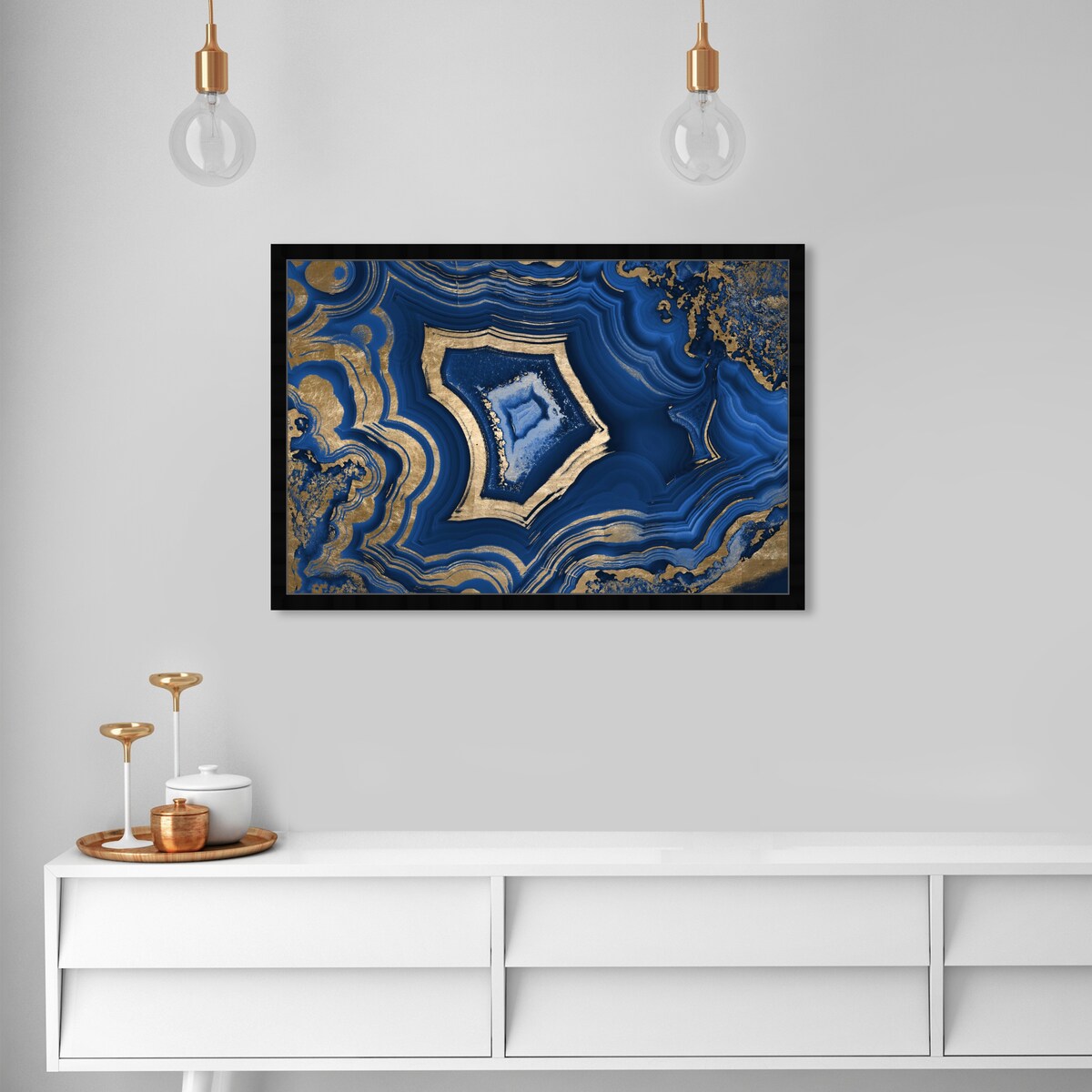 Blue and Gold Abstract Geode Glam Modern Framed Art Print for Entry Way