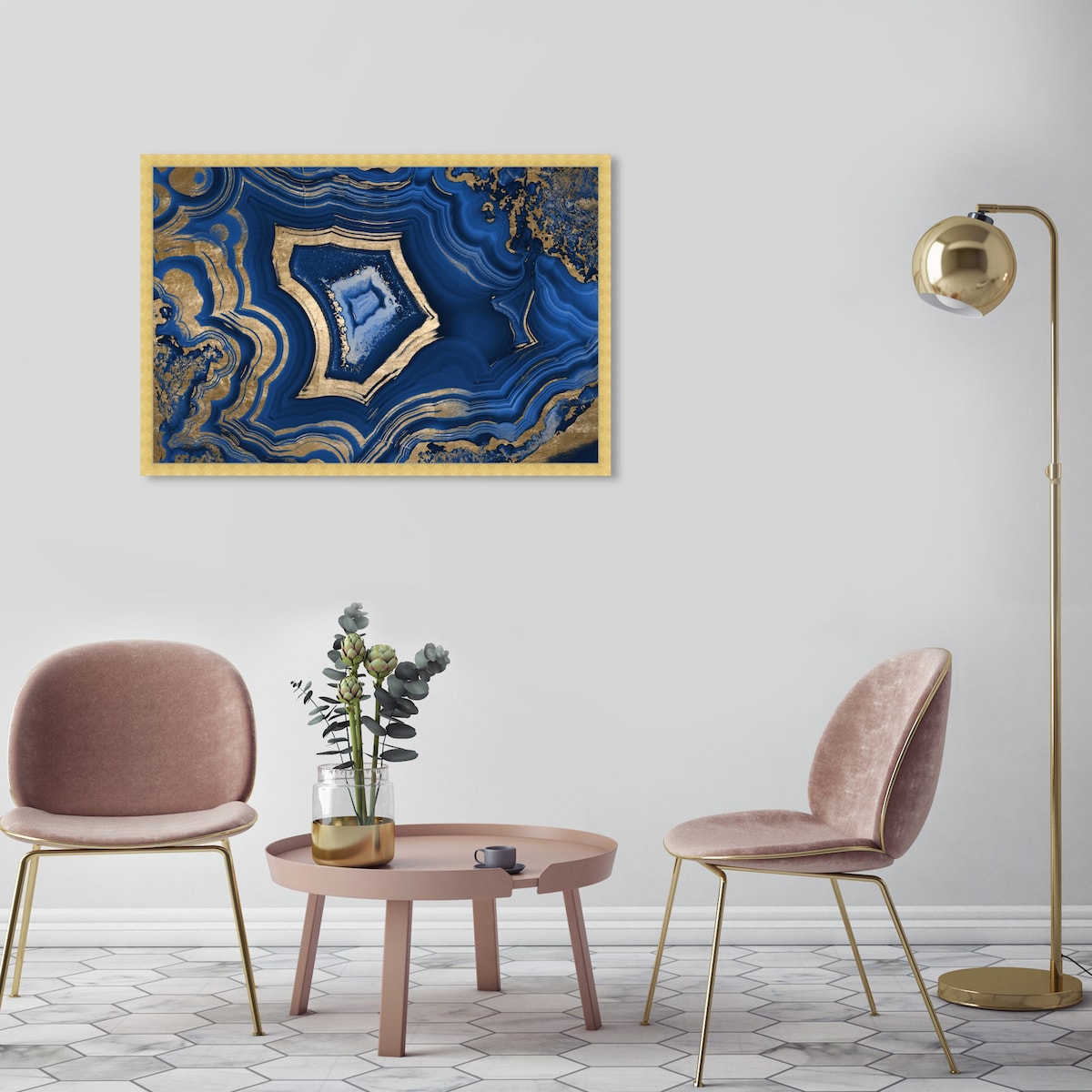 Blue and Gold Abstract Geode Glam Modern Framed Art Print for Entry Way