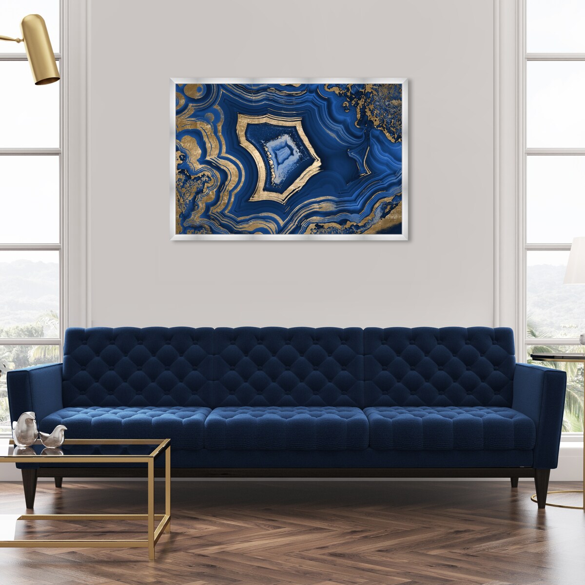 Blue and Gold Abstract Geode Glam Modern Framed Art Print for Entry Way
