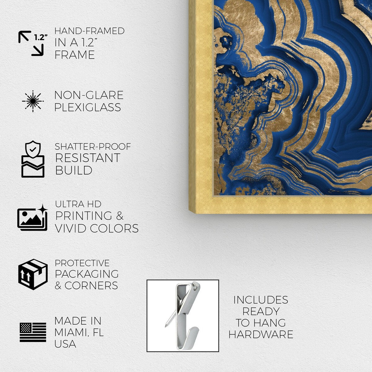 Blue and Gold Abstract Geode Glam Modern Framed Art Print for Entry Way