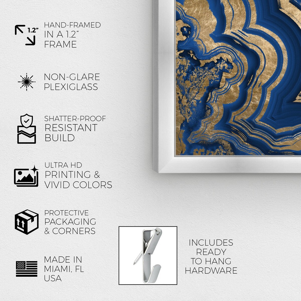Blue and Gold Abstract Geode Glam Modern Framed Art Print for Entry Way