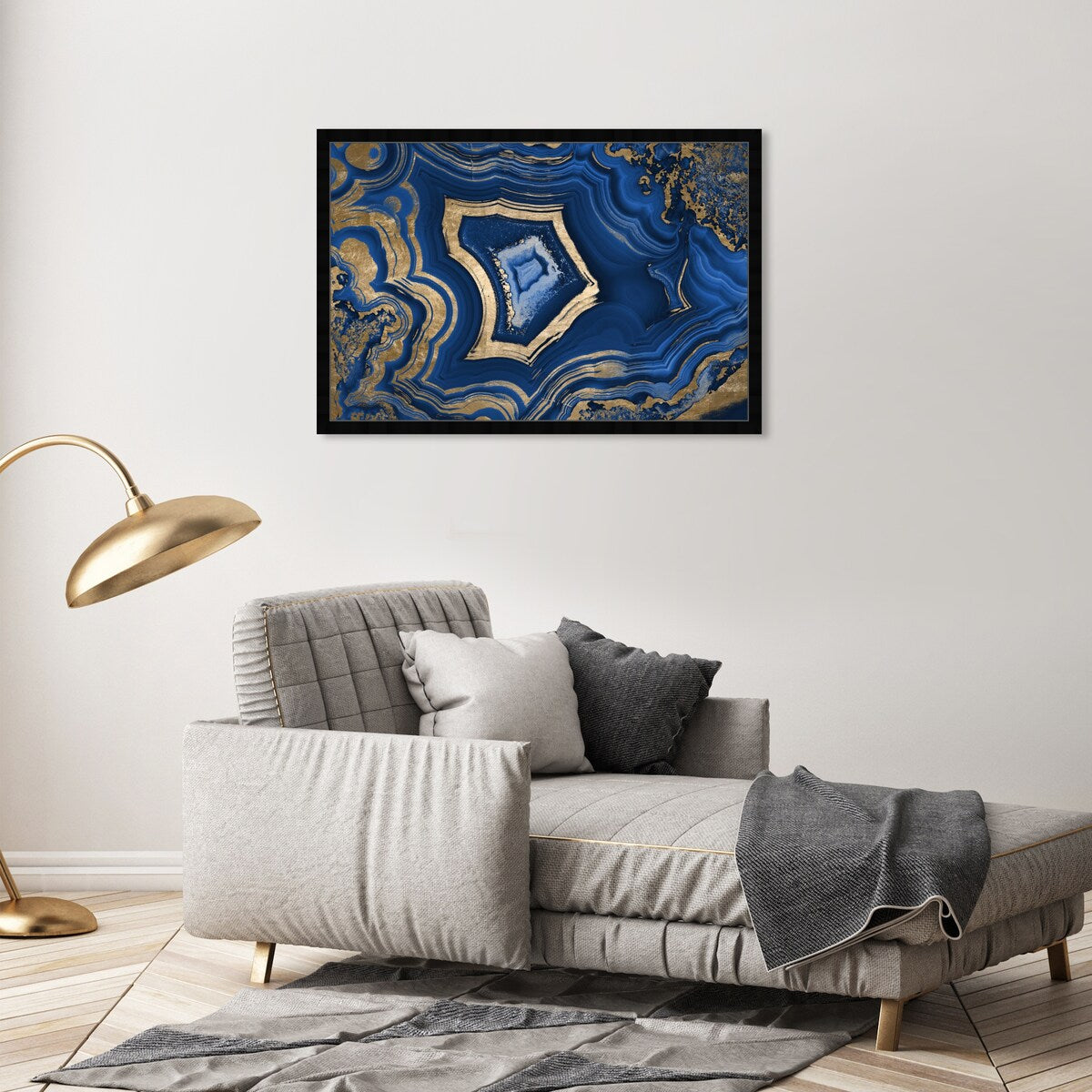 Blue and Gold Abstract Geode Glam Modern Framed Art Print for Entry Way