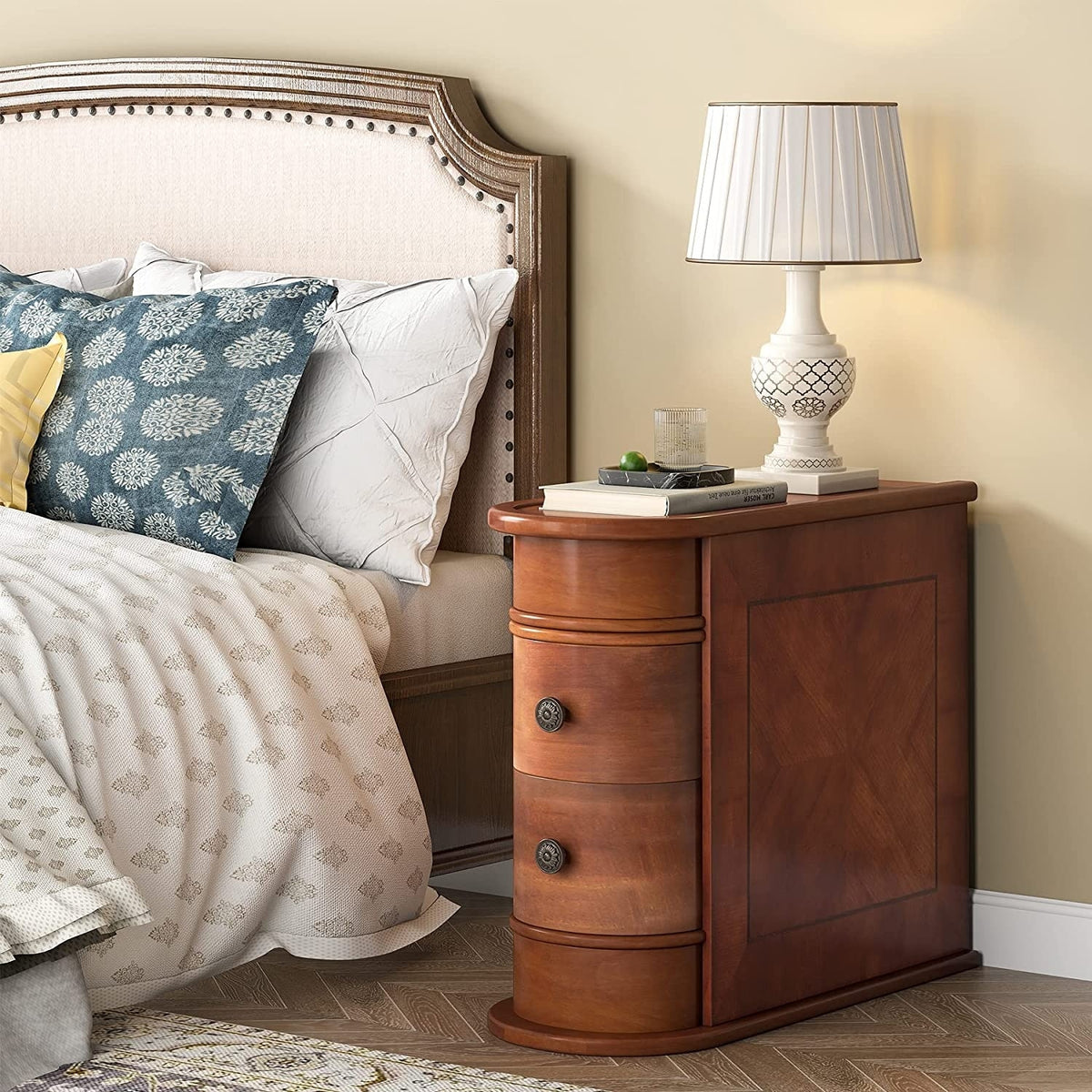 Sofa End Table, Wood Nightstand with 2 Drawers No Assembly Required