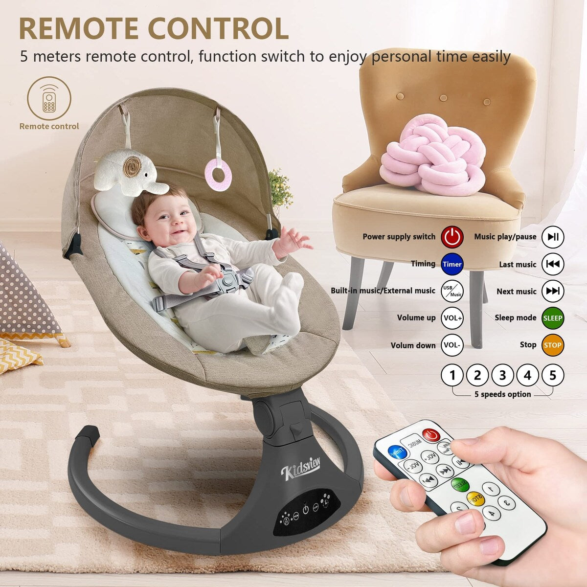 Bluetooth Baby Swing for Infants, 5 Speed Electric Baby Swing with Music Speaker and 12 Preset Lullabies for 0-9 Months