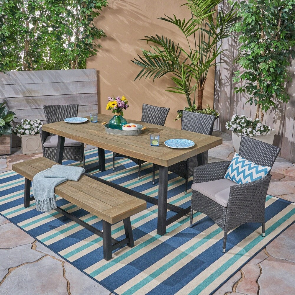 Boden Outdoor 6 Piece Wood and Wicker Dining Set with Chairs and Bench by Christopher Knight Home
