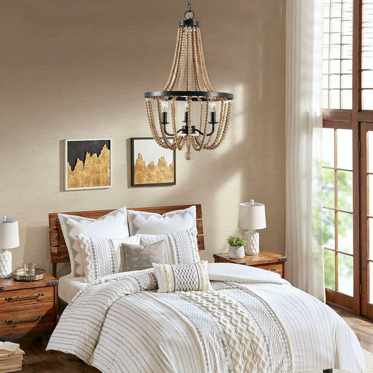 Bohemian 3-Light Wood Beaded Empire Chandelier Adjustable - 15" X 50"