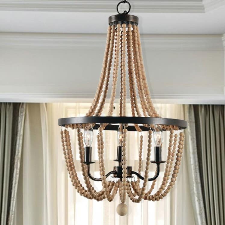 Bohemian 3-Light Wood Beaded Empire Chandelier Adjustable - 15" X 50"