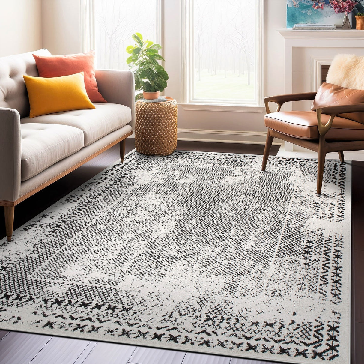 Bohemian Distressed Border Area Rug