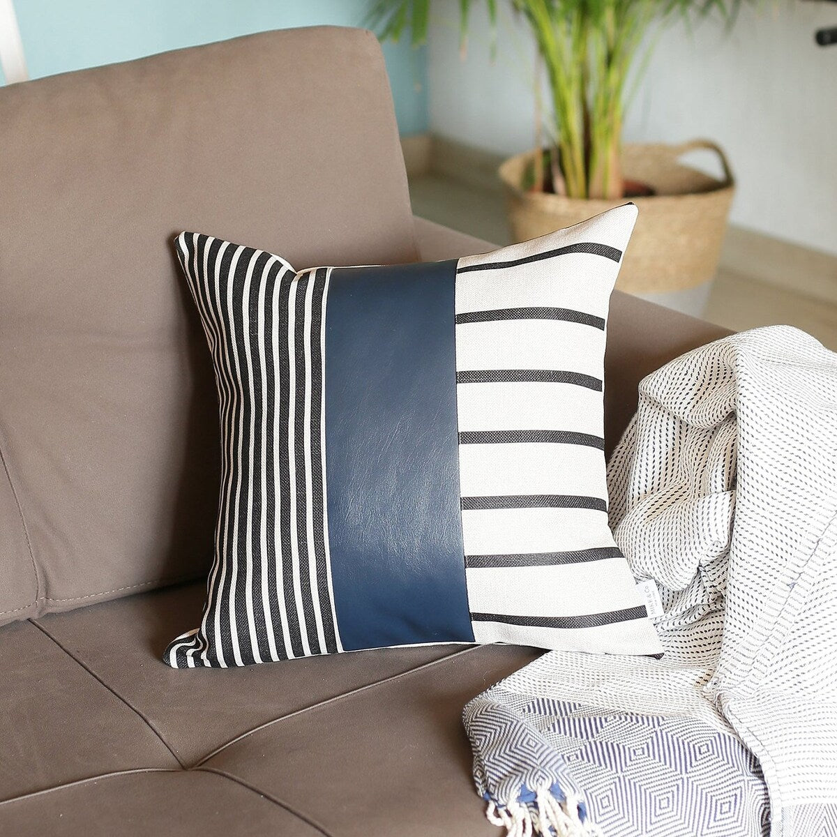 Bohemian Mixed Set of 2 Vegan Faux Leather Navy Blue Geometric Throw Pillow Cover