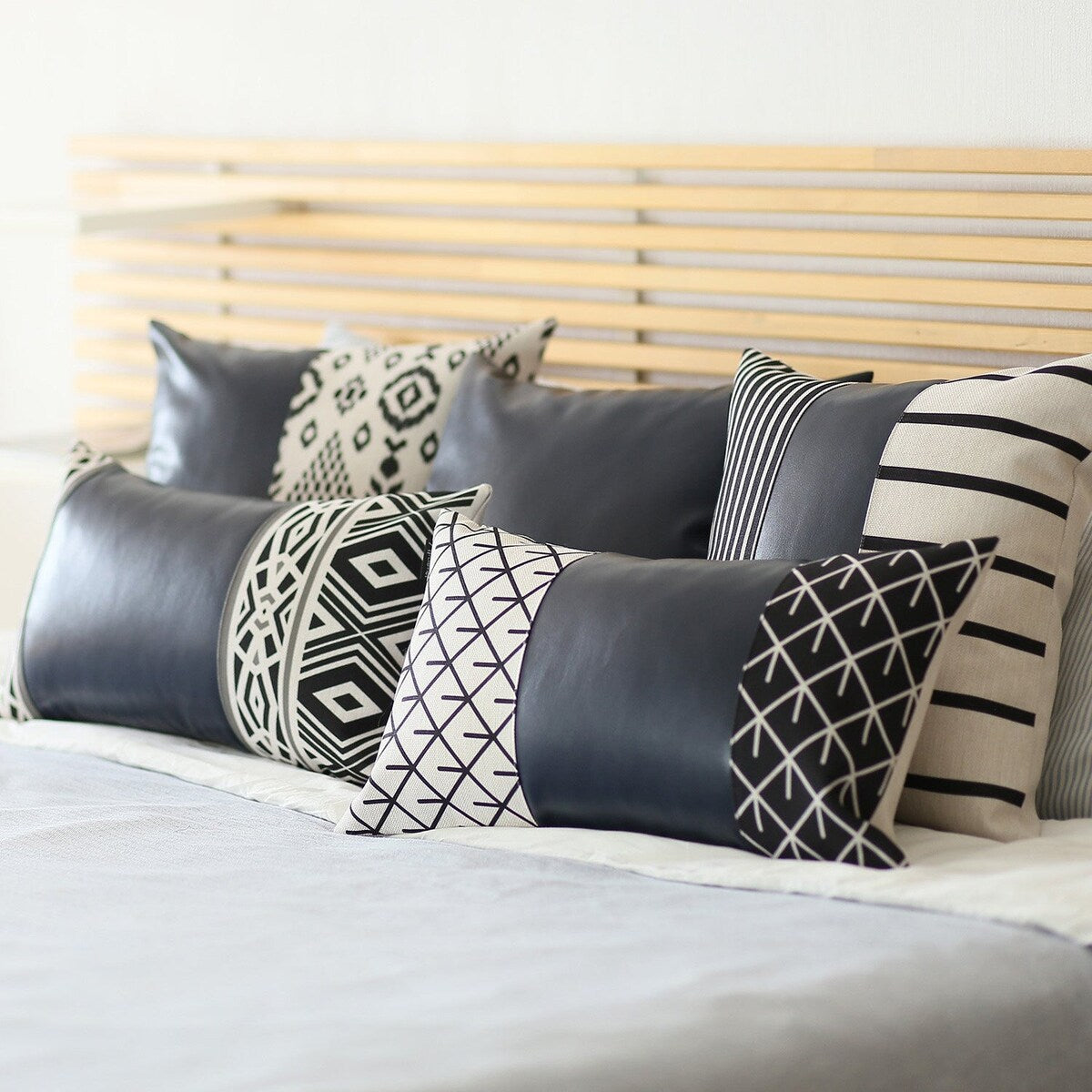 Bohemian Mixed Set of 2 Vegan Faux Leather Navy Blue Geometric Throw Pillow Cover