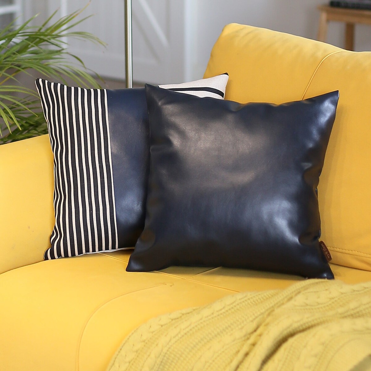 Bohemian Mixed Set of 2 Vegan Faux Leather Navy Blue Geometric Throw Pillow Cover