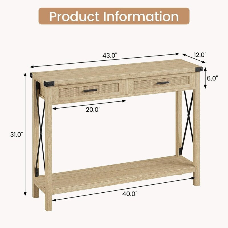 Boho Entryway Table with Rattan Drawers, Console Table for Entryway