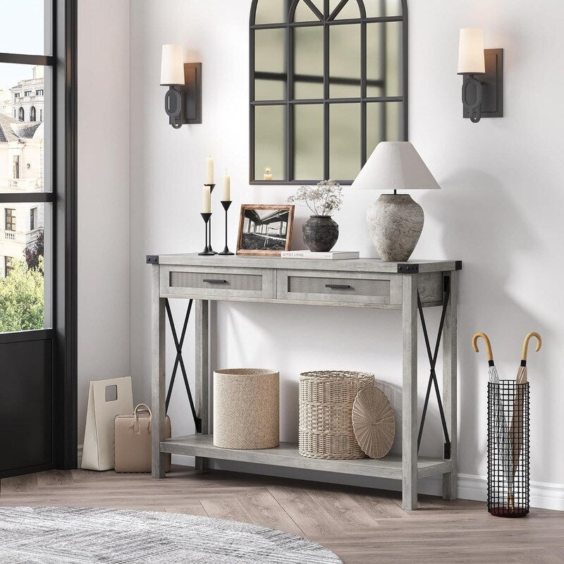 Boho Entryway Table with Rattan Drawers, Console Table for Entryway