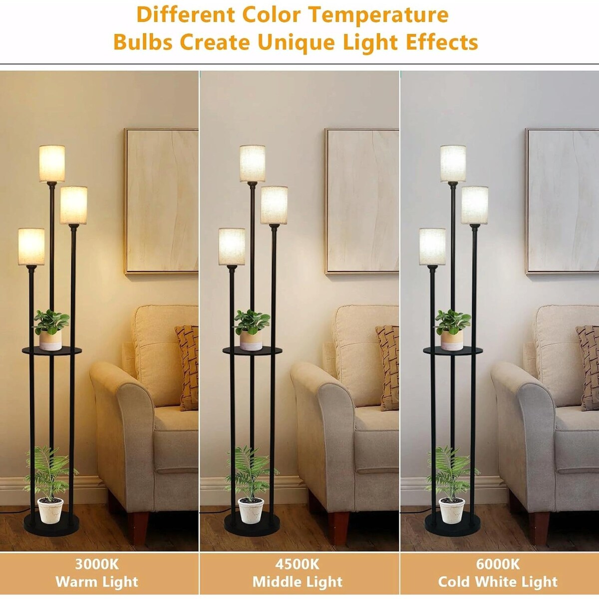 Boho Rattan Floor Lamp with Shelves, Pedal Switch, and Adjustable Height