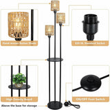 Boho Rattan Floor Lamp with Shelves, Pedal Switch, and Adjustable Height