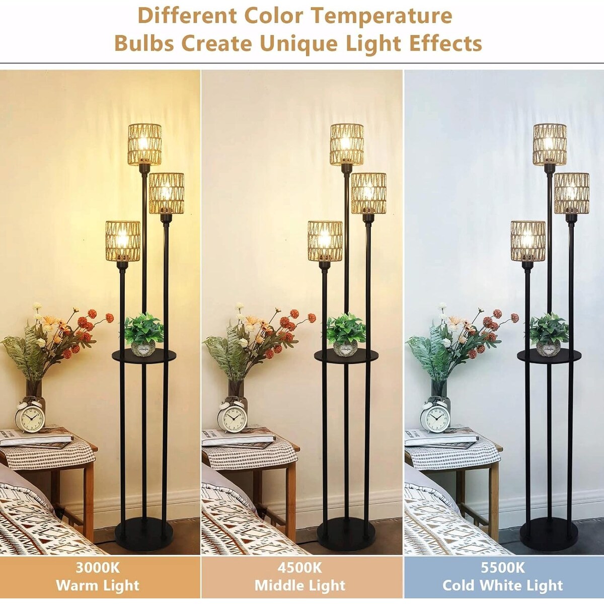 Boho Rattan Floor Lamp with Shelves, Pedal Switch, and Adjustable Height