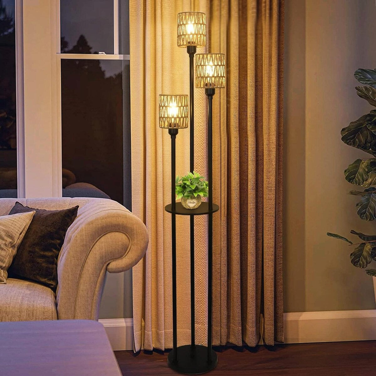Boho Rattan Floor Lamp with Shelves, Pedal Switch, and Adjustable Height