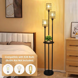 Boho Rattan Floor Lamp with Shelves, Pedal Switch, and Adjustable Height