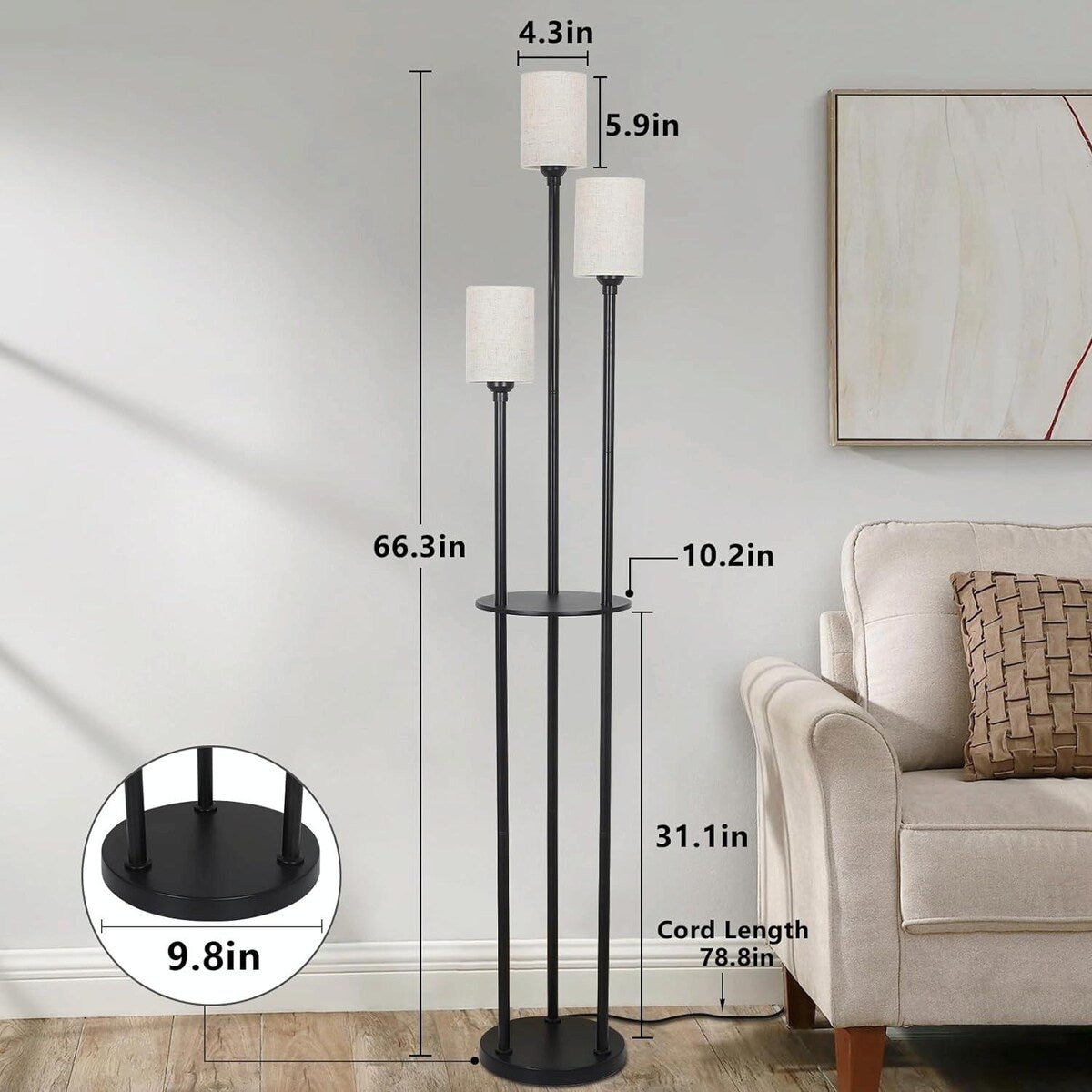 Boho Rattan Floor Lamp with Shelves, Pedal Switch, and Adjustable Height