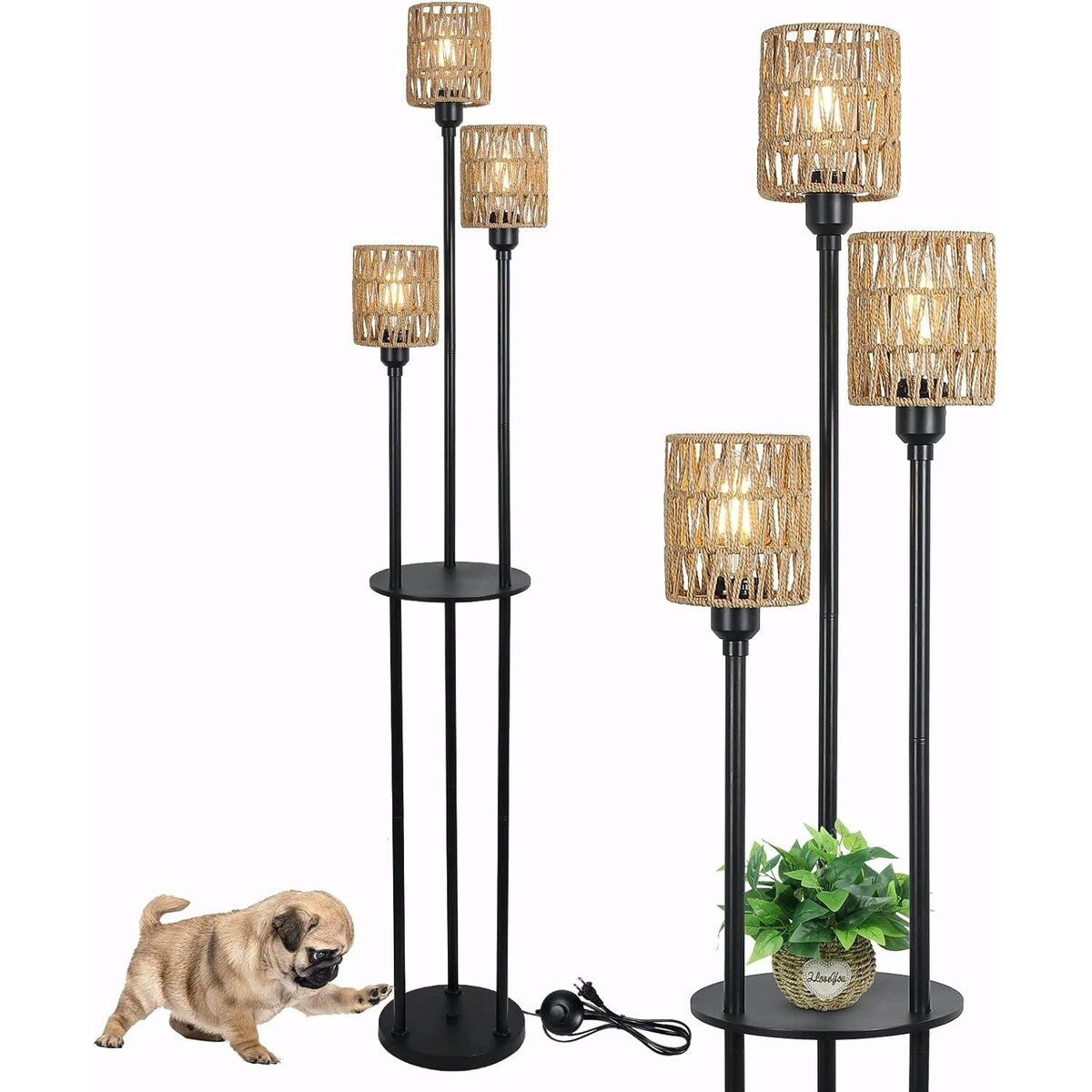 Boho Rattan Floor Lamp with Shelves, Pedal Switch, and Adjustable Height