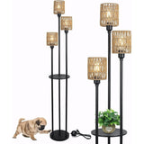 Boho Rattan Floor Lamp with Shelves, Pedal Switch, and Adjustable Height