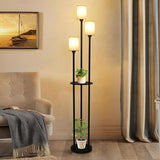 Boho Rattan Floor Lamp with Shelves, Pedal Switch, and Adjustable Height