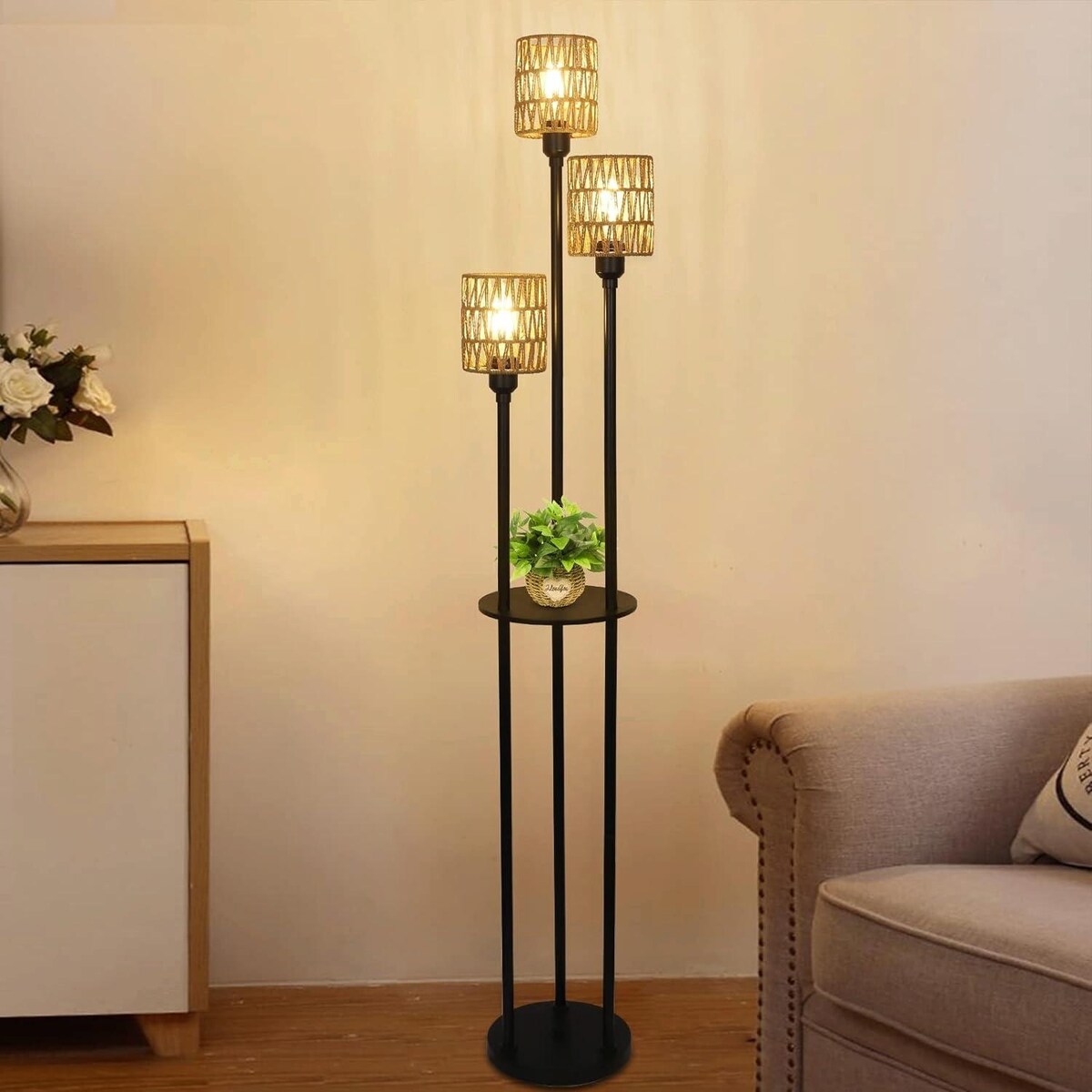 Boho Rattan Floor Lamp with Shelves, Pedal Switch, and Adjustable Height