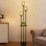 Boho Rattan Floor Lamp with Shelves, Pedal Switch, and Adjustable Height