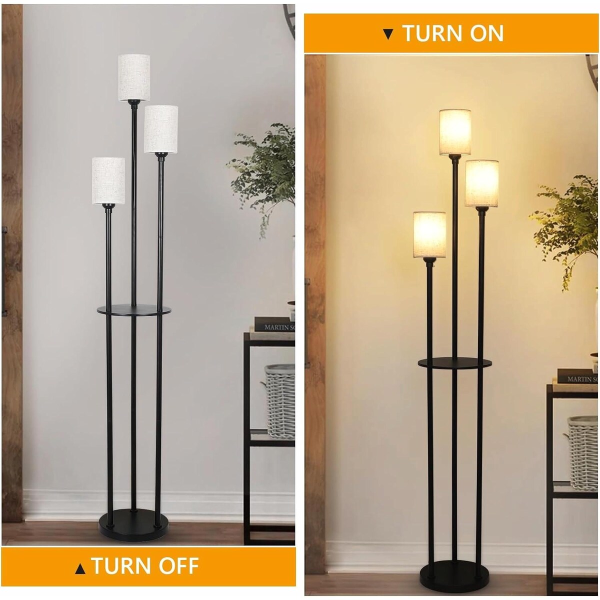 Boho Rattan Floor Lamp with Shelves, Pedal Switch, and Adjustable Height
