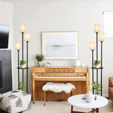 Boho Rattan Floor Lamp with Shelves, Pedal Switch, and Adjustable Height