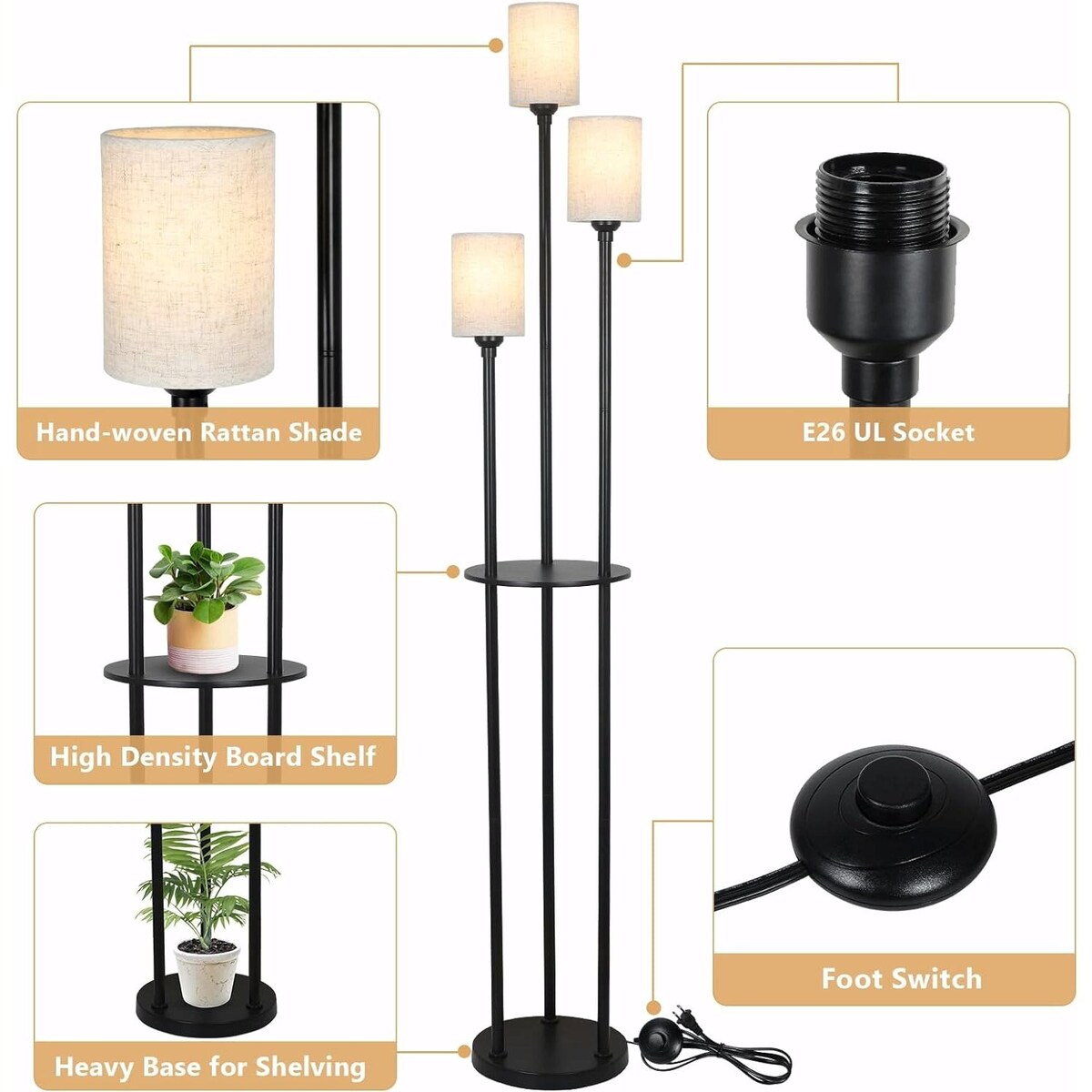 Boho Rattan Floor Lamp with Shelves, Pedal Switch, and Adjustable Height