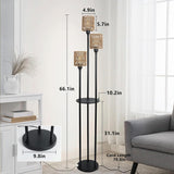 Boho Rattan Floor Lamp with Shelves, Pedal Switch, and Adjustable Height