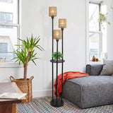 Boho Rattan Floor Lamp with Shelves, Pedal Switch, and Adjustable Height