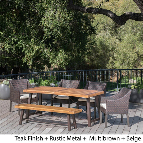 Boland Outdoor 6-piece Rectangle Wood Wicker Dining Set with Cushions by Christopher Knight Home