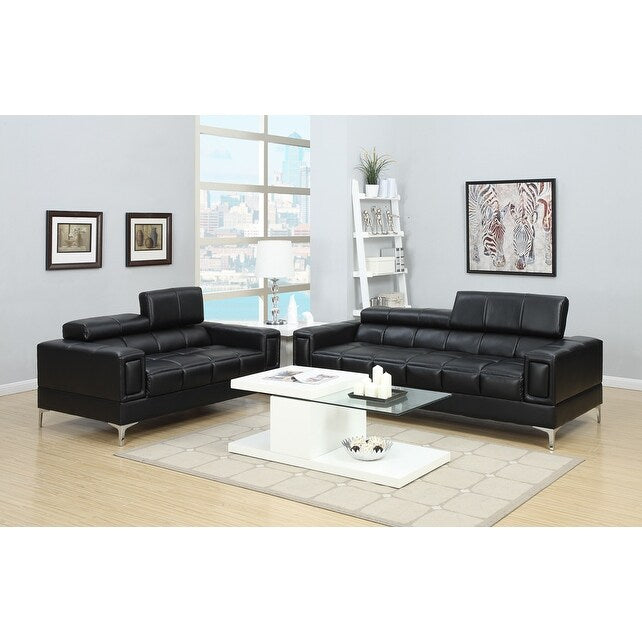 Bonded Leather 2 Piece Sofa Set With Foldable Headrests In Black